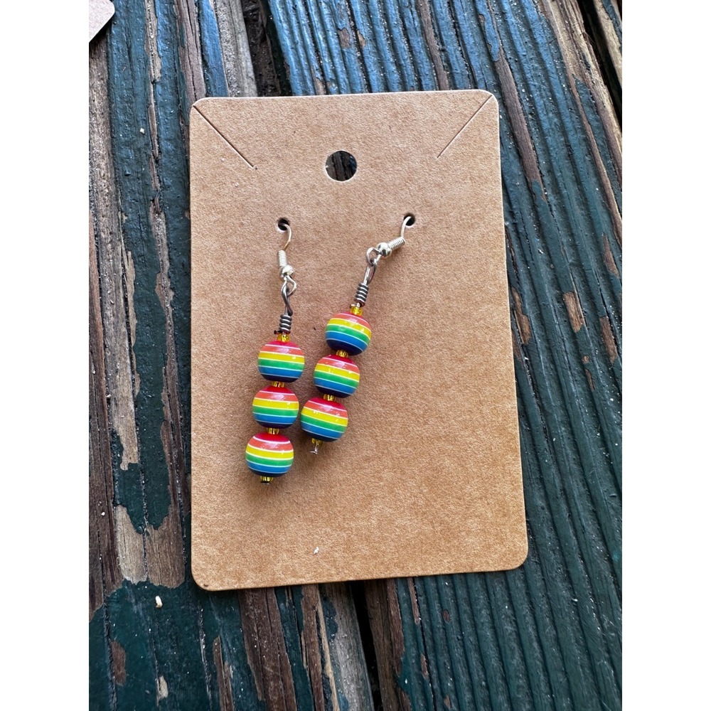 Handmade Rainbow Striped Bead Dangle Earrings Pride Festival Jewelry Multi Color